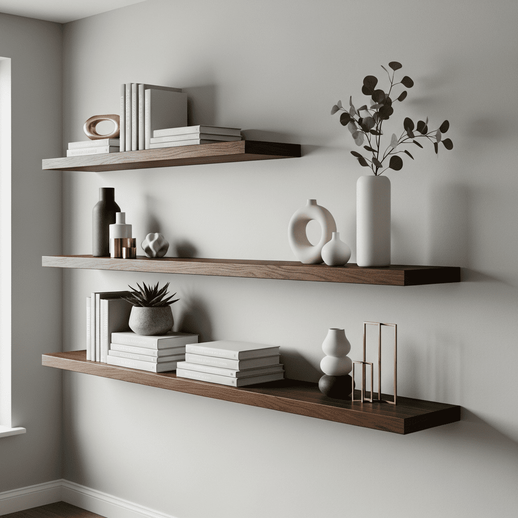 Modern floating shelves displaying books and plants on a light-colored wall