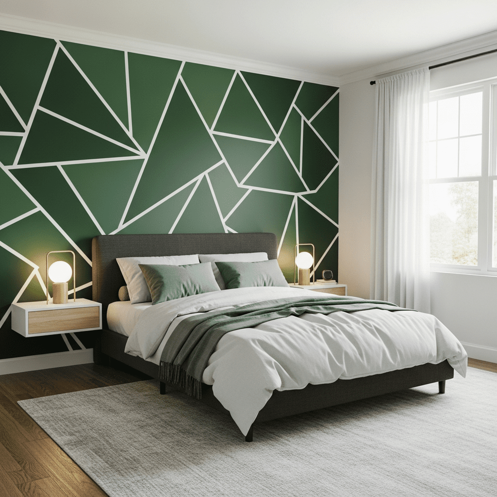 Geometric green accent wall in a bedroom with wooden bed frame