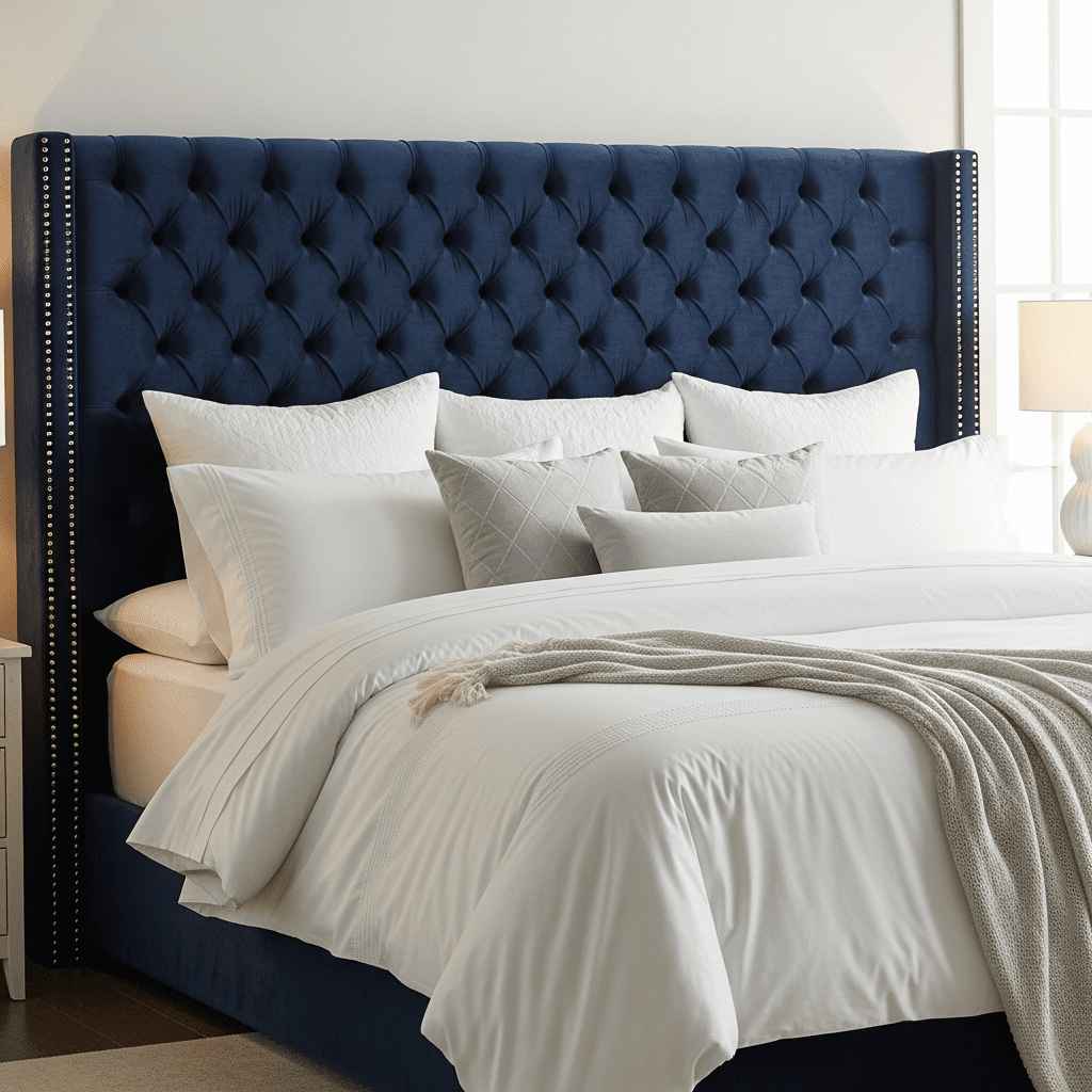 DIY navy blue velvet tufted headboard in a cozy bedroom setting
