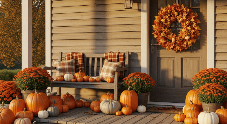 An inviting autumn front porch decorated with pumpkins, mums, and cozy blankets in warm fall colors.
