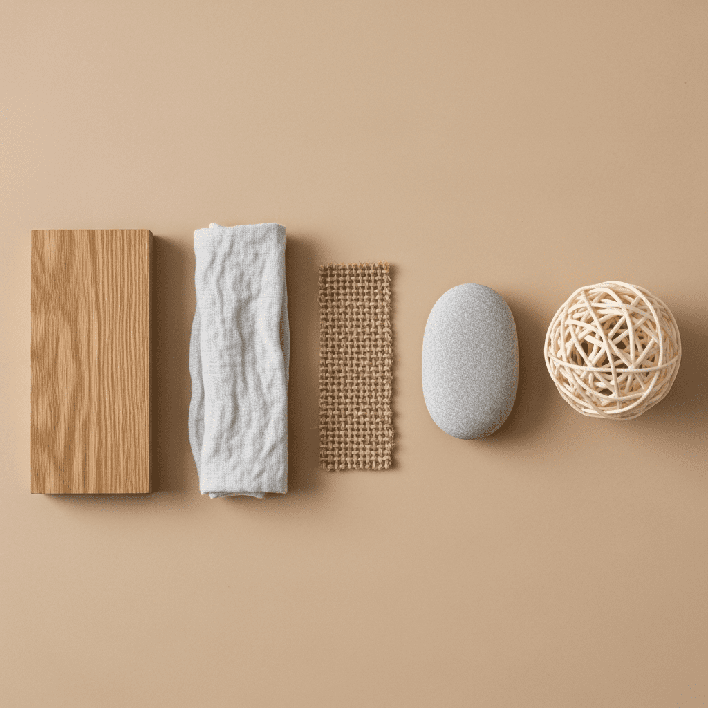Flat lay of natural material samples for a Japandi interior including wood, linen, jute, and stone.