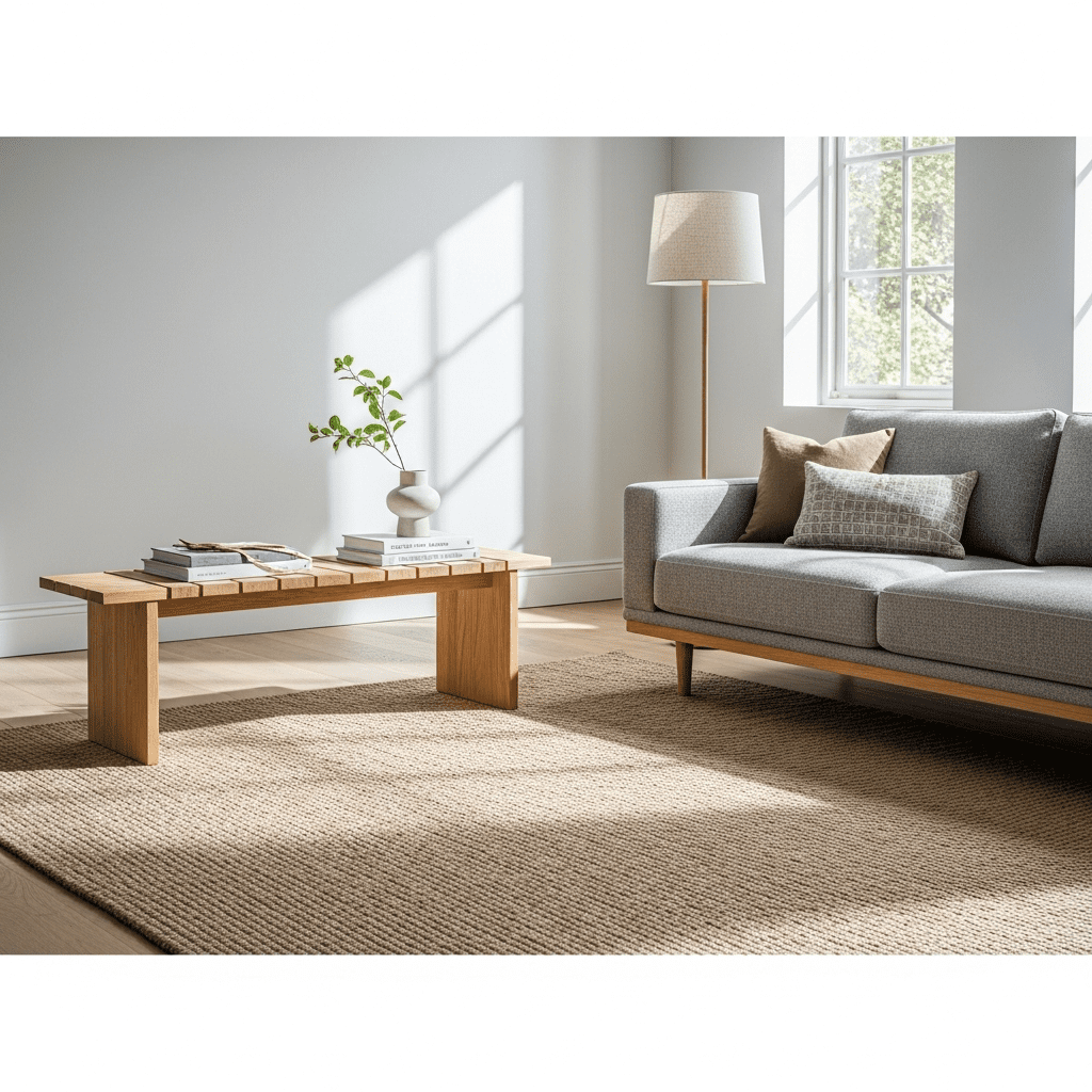 Low-profile Japandi sofa and bench with wooden legs on a natural fiber rug, demonstrating clean lines and airiness.