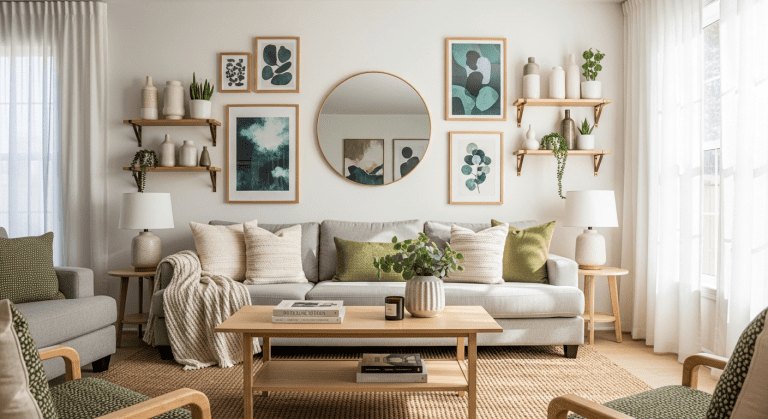 A stylish modern living room with a large, creatively decorated feature wall behind a gray sofa, showcasing wall decor ideas.