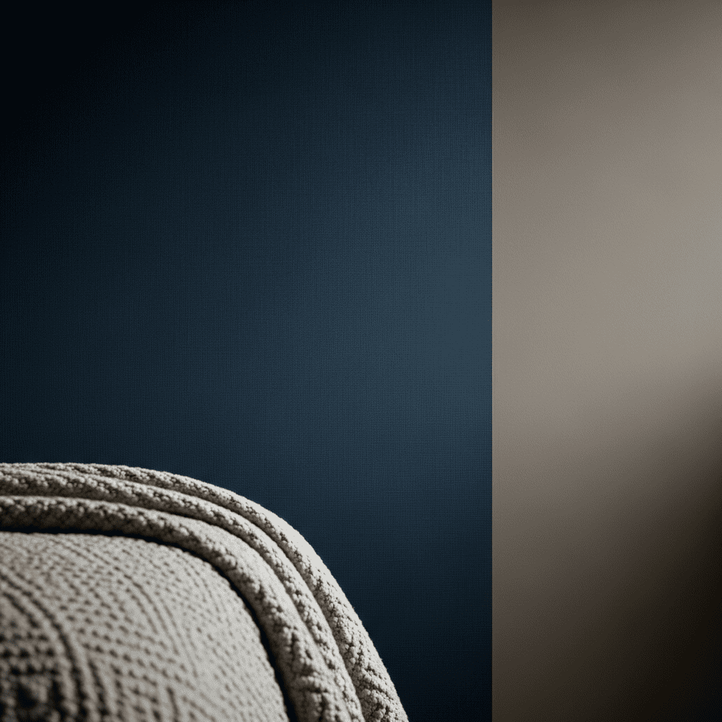 A cozy bedroom accent wall in deep navy blue beside a warm neutral wall, creating a soothing color palette.