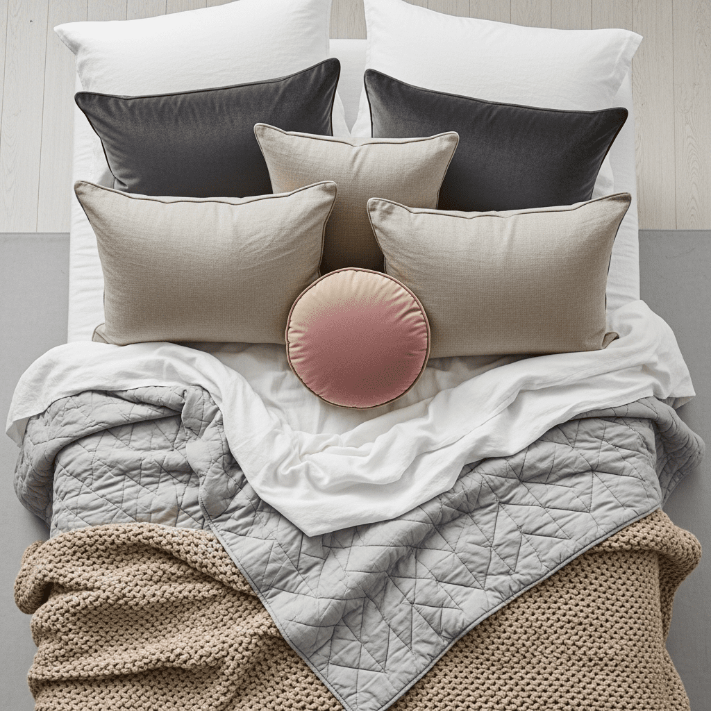 Overhead view of a cozy bed with layered linen sheets, a chunky knit throw, and textured pillows.