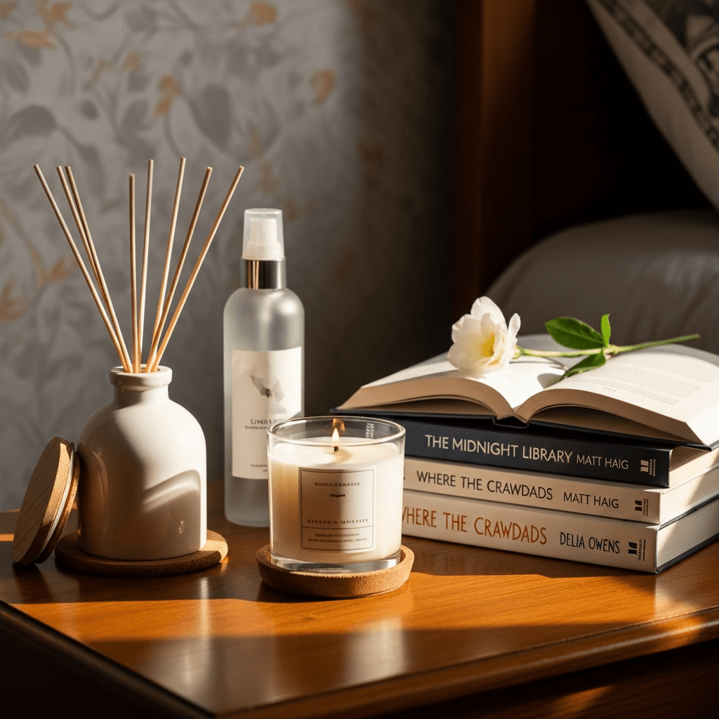A curated bedside table with a reed diffuser, candle, and linen spray for a calming scent.