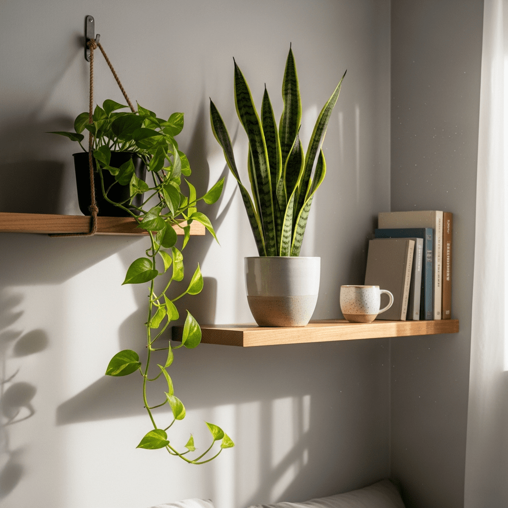 Bedroom shelf with low-maintenance green pothos and snake plants for a serene touch of nature.