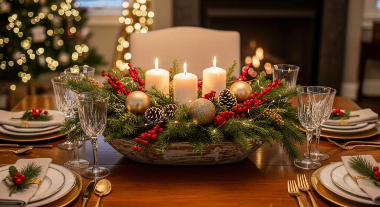 A beautiful Christmas table centerpiece with greenery, candles, and ornaments on a wooden table.