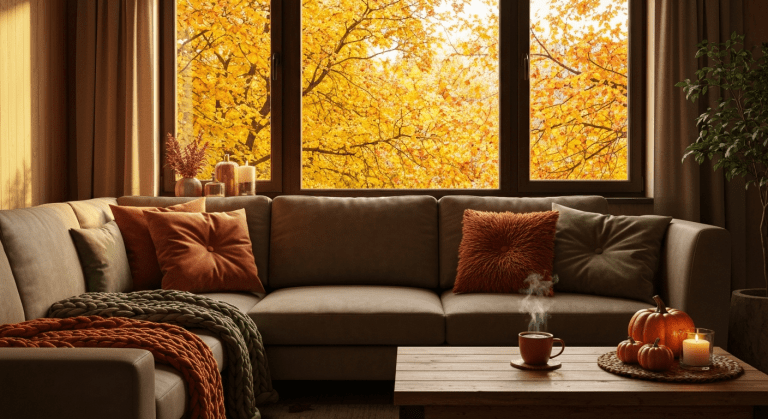 A cozy autumn living room decorated with chunky throws, velvet pillows, and seasonal pumpkins.