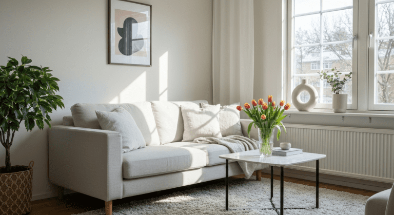 A bright and airy spring living room decorated with linen pillows, fresh tulips, and leafy plants.