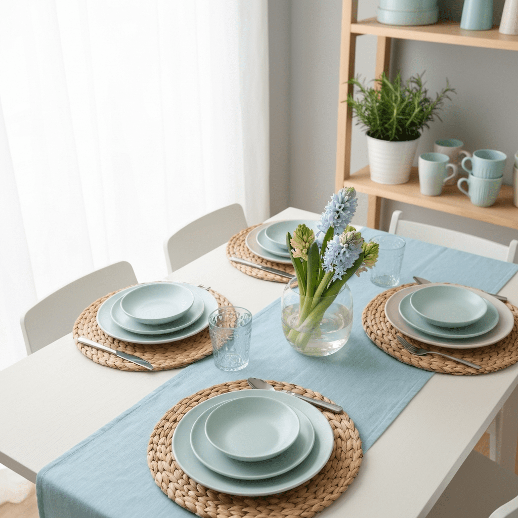 A spring-themed dining table with a blue runner, woven placemats, and hyacinth centerpiece.