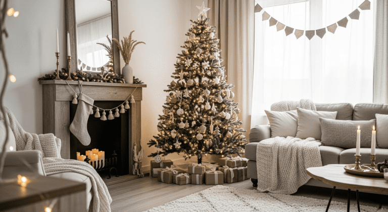 A serene and stylish living room decorated with a neutral Christmas theme, featuring a cozy tree and soft textiles.