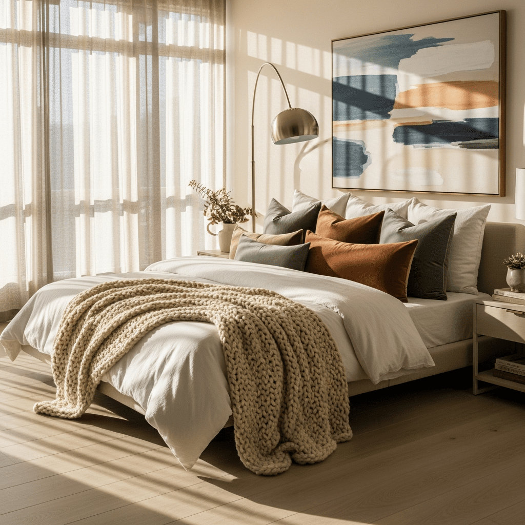 A serene bedroom featuring coordinated decor, soft bedding, ambient lighting, and personalized design accents.
