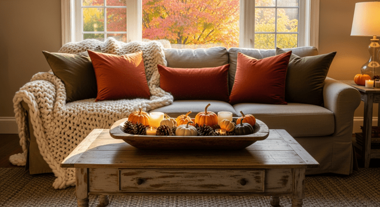 A cozy autumn living room decorated with DIY fall crafts including pumpkins, pine cones, and knitted blankets.