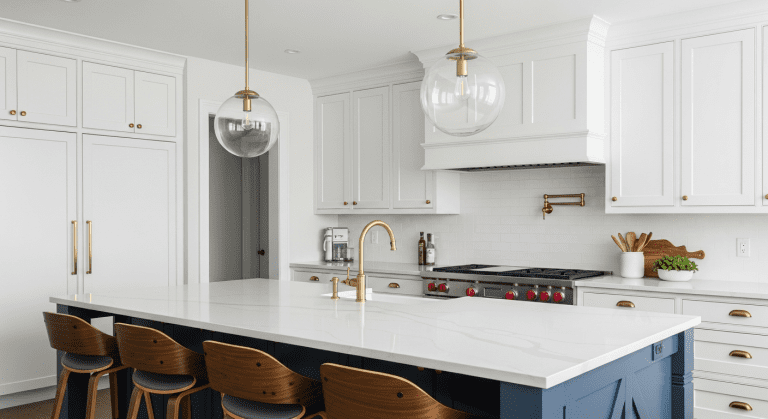 A modern kitchen featuring a stunning white quartz waterfall island with navy blue cabinets, pendant lights, and barstools in a bright, airy space.
