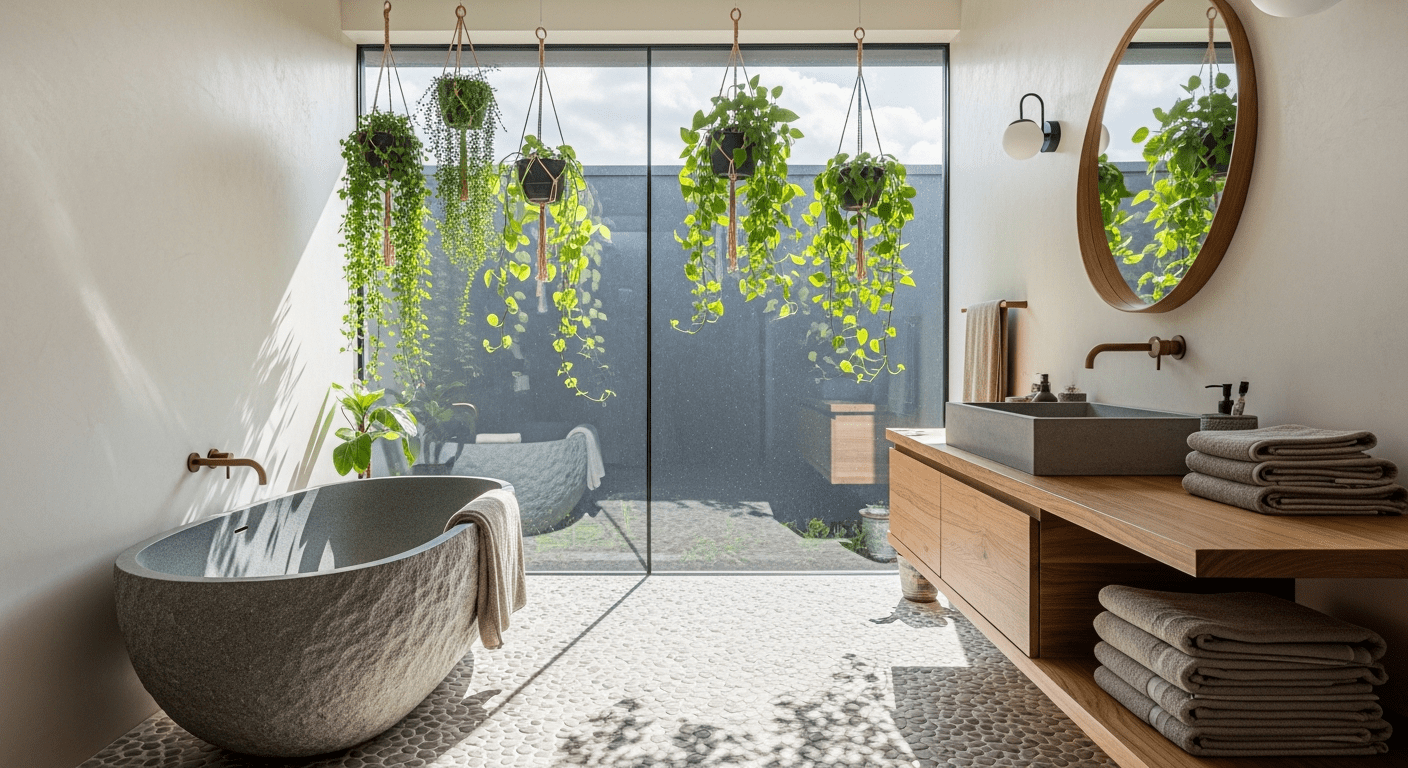 A serene modern organic bathroom with a stone bathtub, wooden vanity, pebble floor, and lush greenery in natural sunlight.