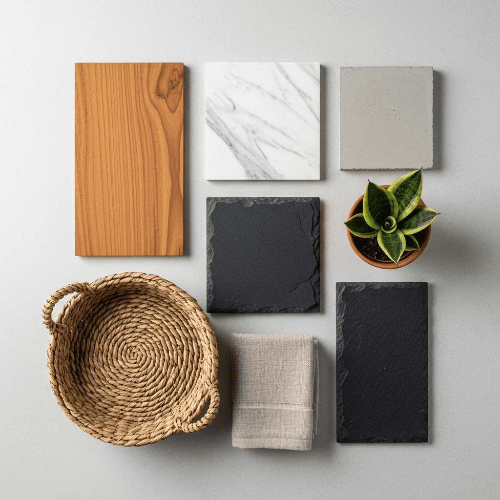 Flat lay of modern organic bathroom materials: teak wood, marble, slate, seagrass, linen, concrete, and a plant.