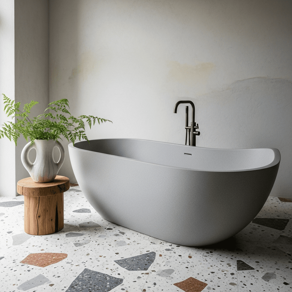A sculptural, matte-finish freestanding bathtub in an organic shape on a terrazzo floor.