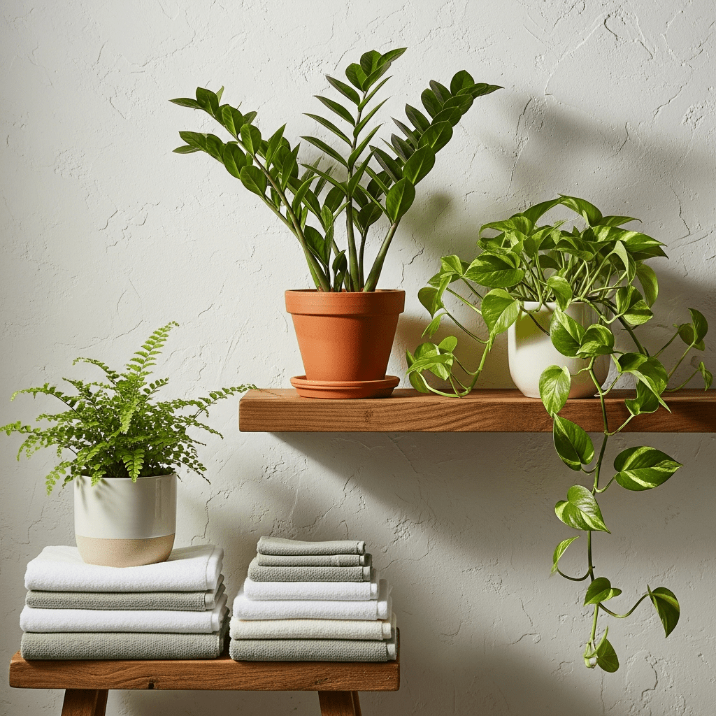 Wooden bathroom shelf with thriving low-light plants like ZZ plant, pothos, and a fern.