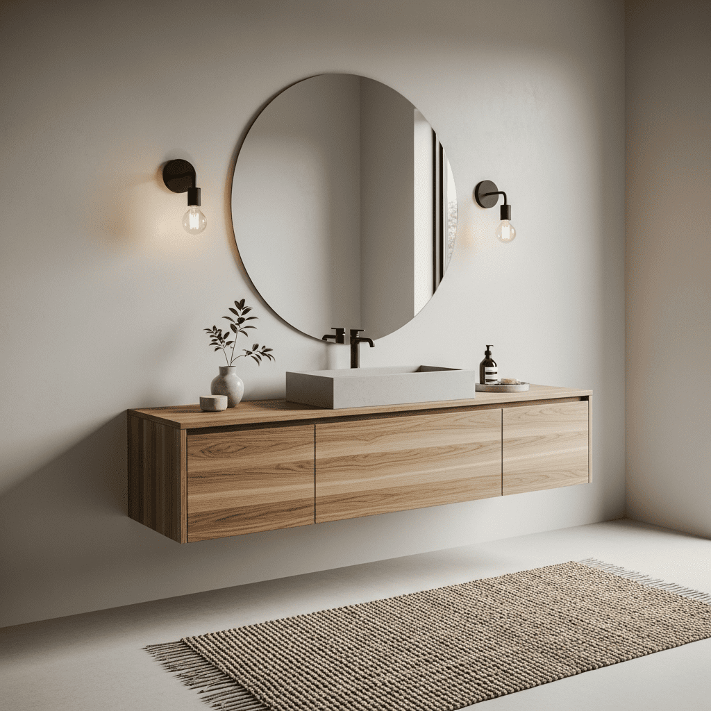 A wooden vanity with concrete sink, round mirror, and warm sconce lighting in an organic bathroom.