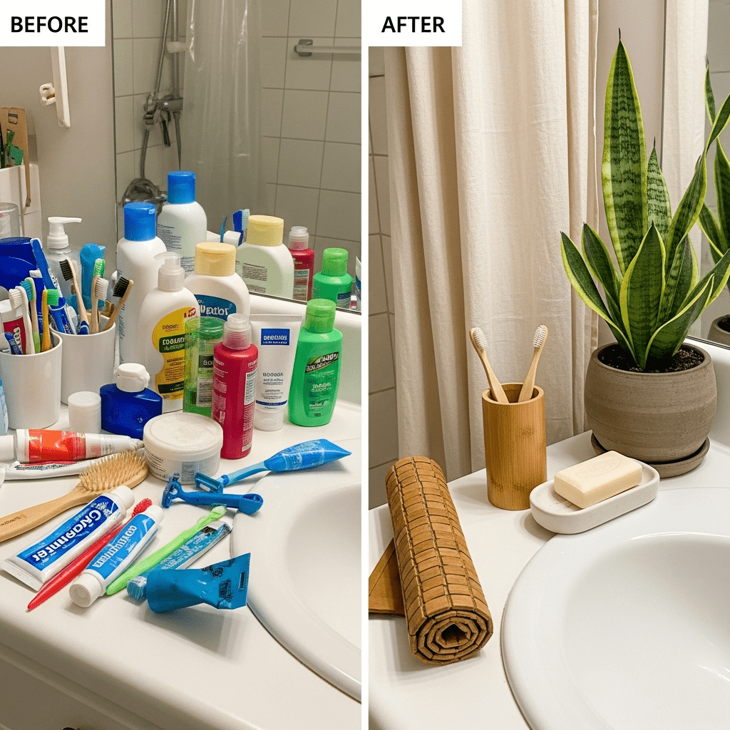 Before and after detail showing a bathroom update with teak, bamboo, ceramic, linen, and a plant.