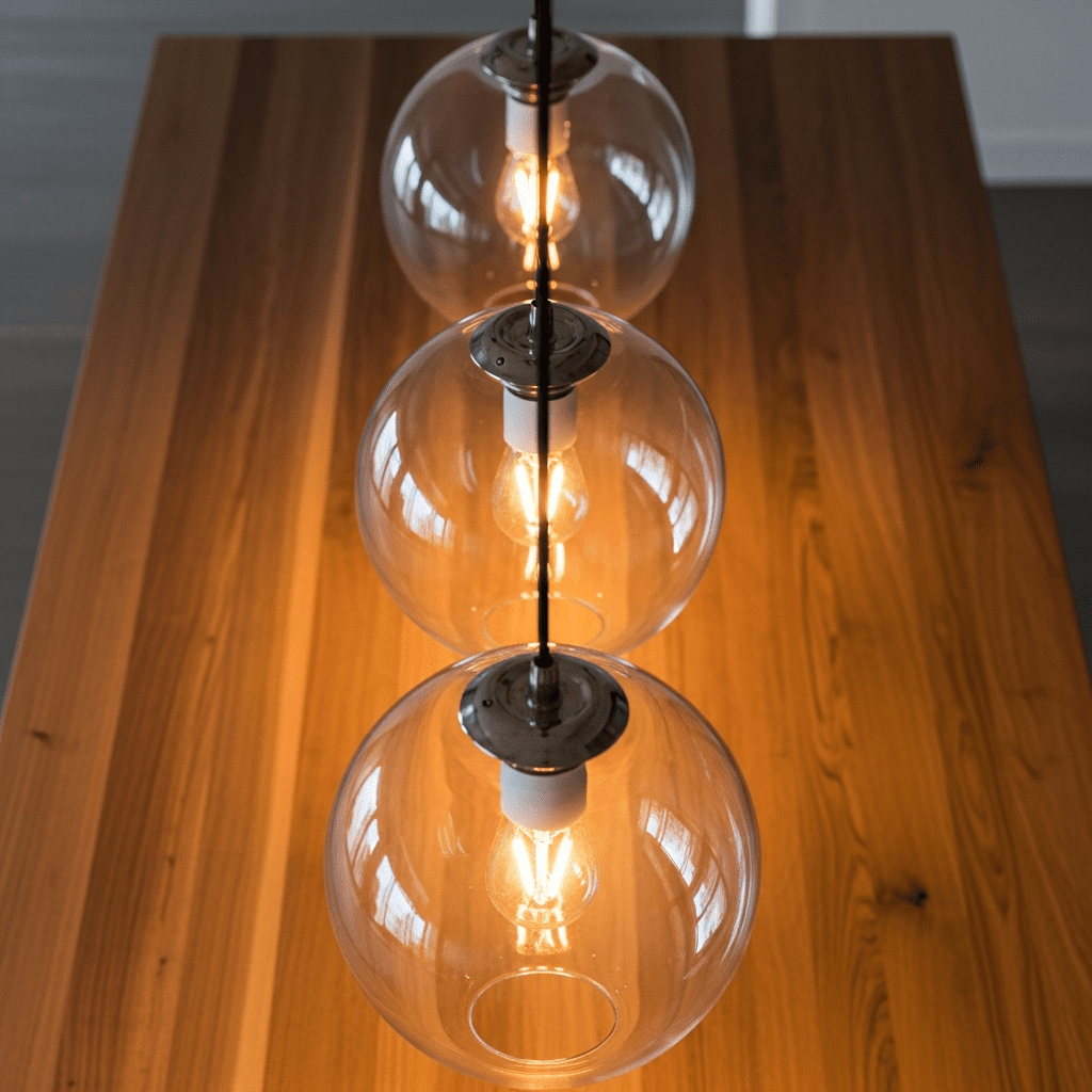 Three clear glass pendant lights over a kitchen island, a classic and effective lighting choice.