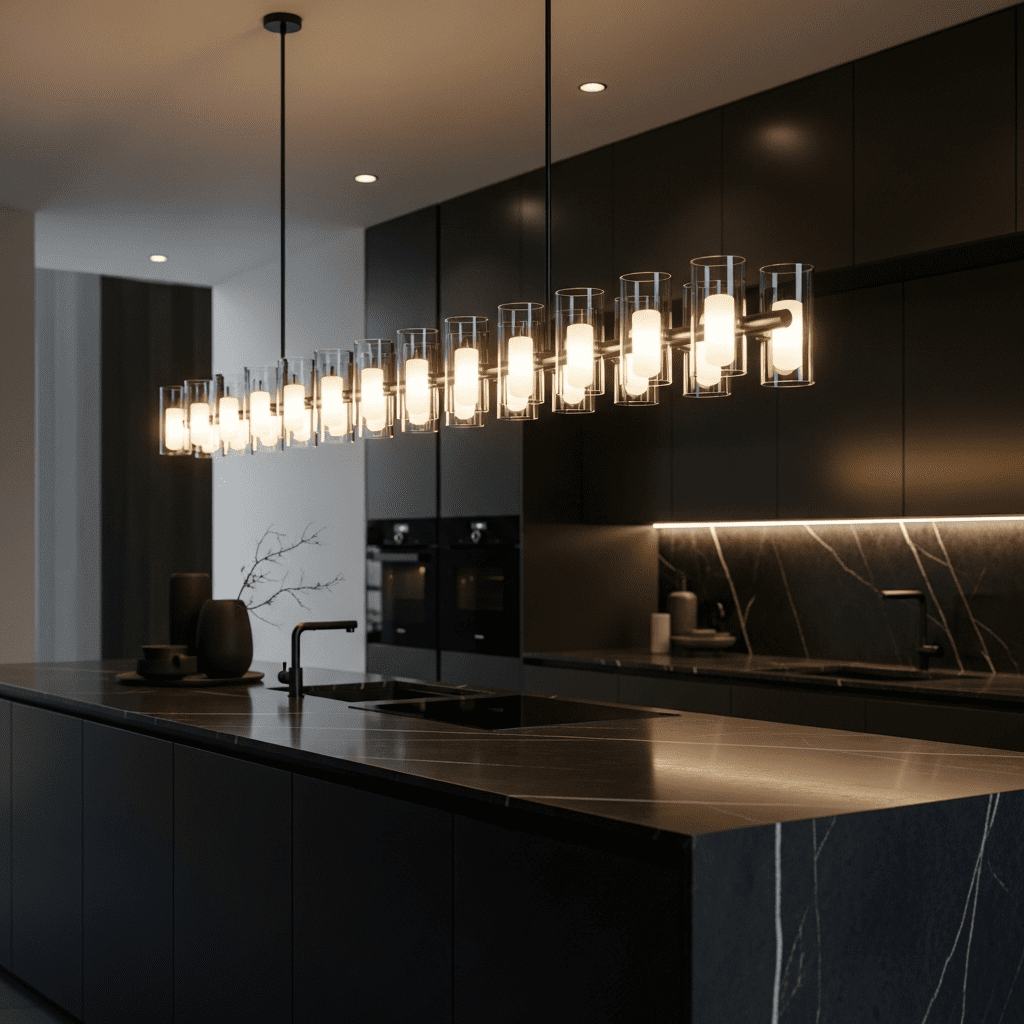 A long, modern linear chandelier providing continuous light over a dark kitchen island.