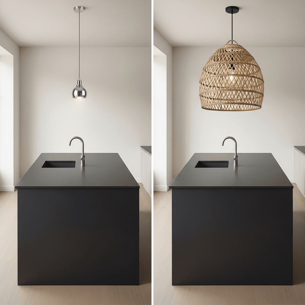 Comparison of wrong and right kitchen island pendant light sizing and scale.