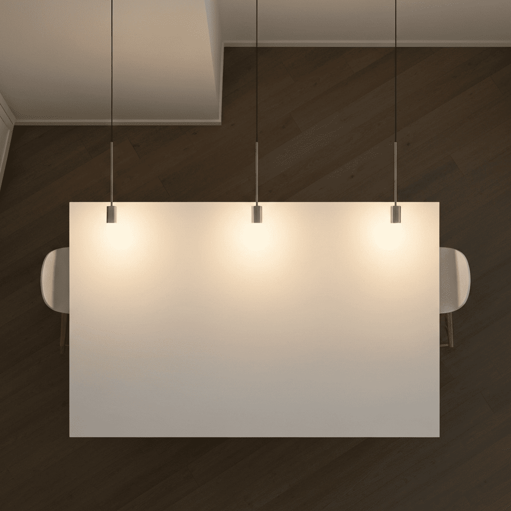 A hand adjusting a dimmer switch to control kitchen island pendant lighting.