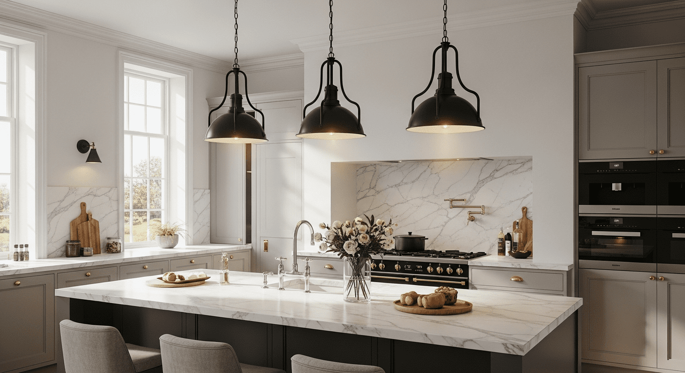 A beautiful modern kitchen with a marble island and three black pendant lights, showcasing perfect kitchen island lighting.