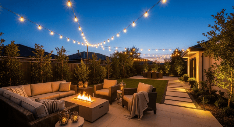 A beautifully lit modern backyard patio at dusk with string lights, cozy seating, and a fire pit, showcasing perfect outdoor lighting.