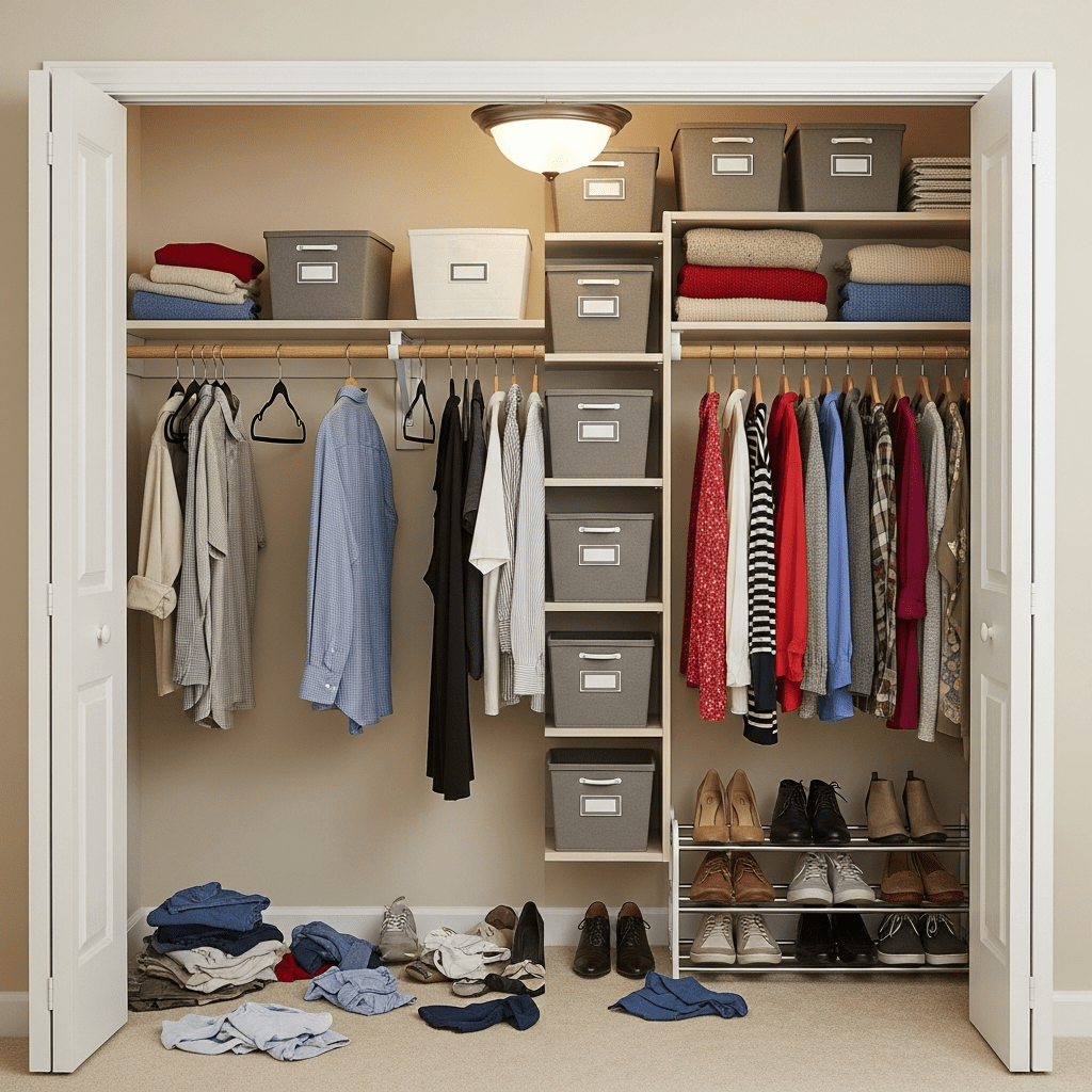 A side-by-side view of a closet mid-organization, showing the dramatic difference systems make.