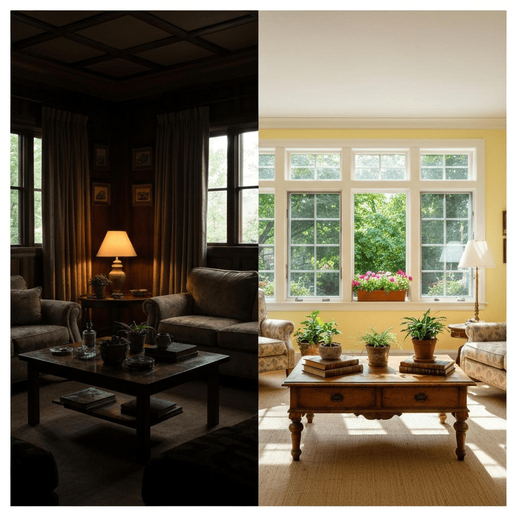 Before and after comparison of a dark room transformed into a bright sunroom.