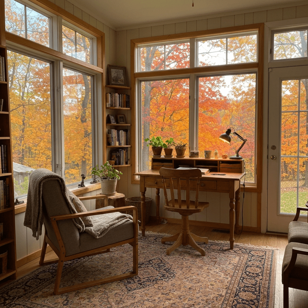 A cozy sunroom used as a peaceful home office with a view of the outdoors.