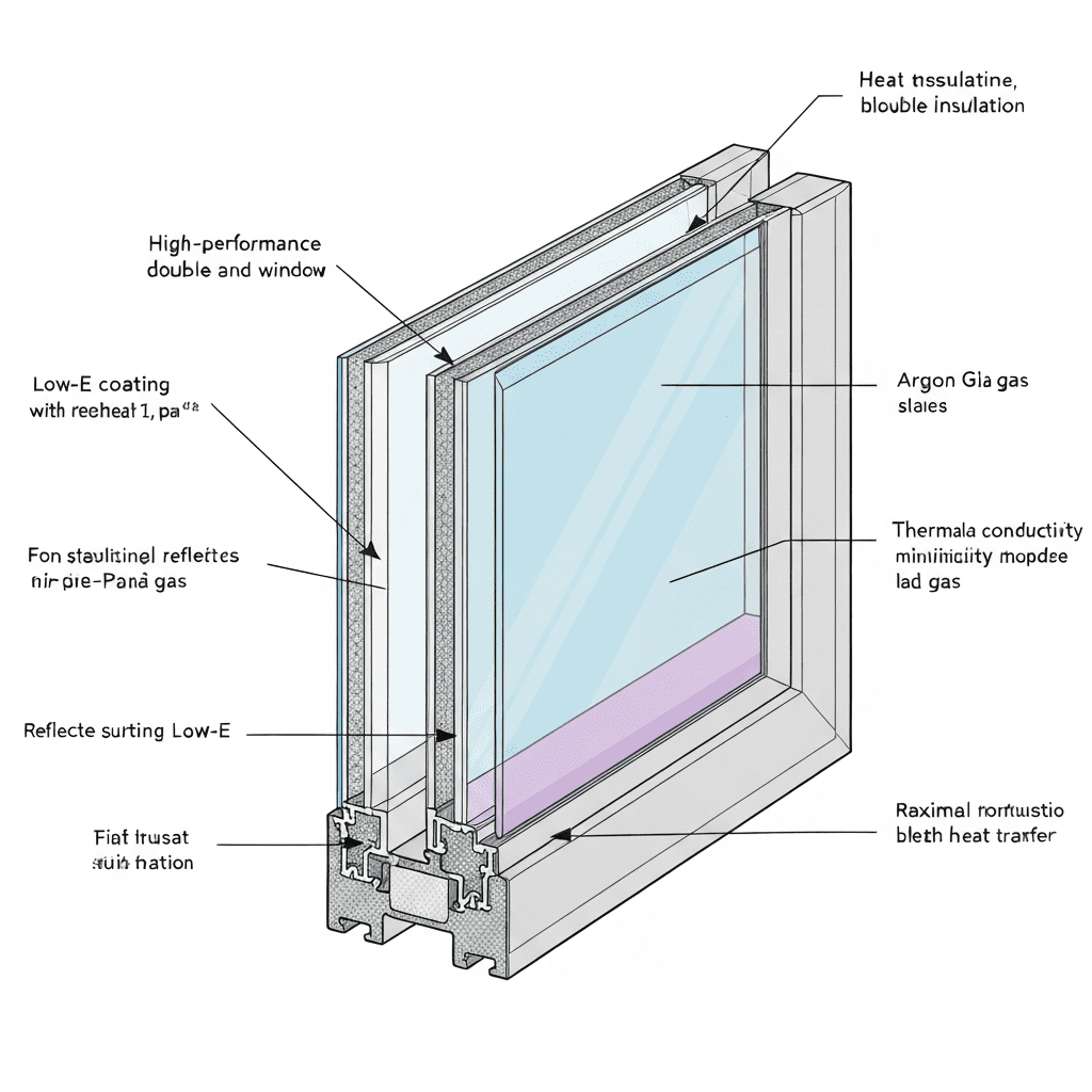 Educational diagram explaining double-pane Low-E insulating window technology.