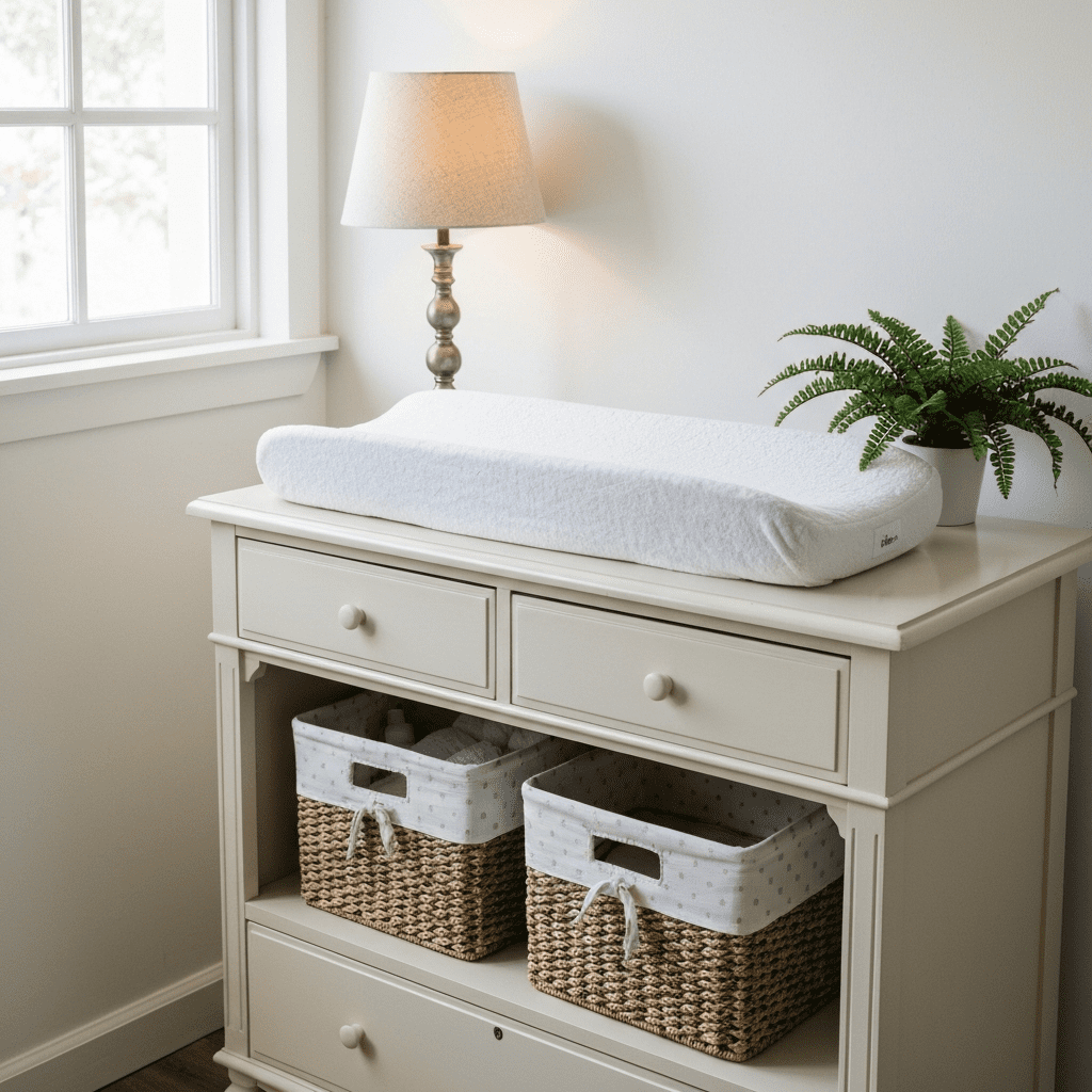 A refurbished vintage dresser used as a charming nursery changing table.