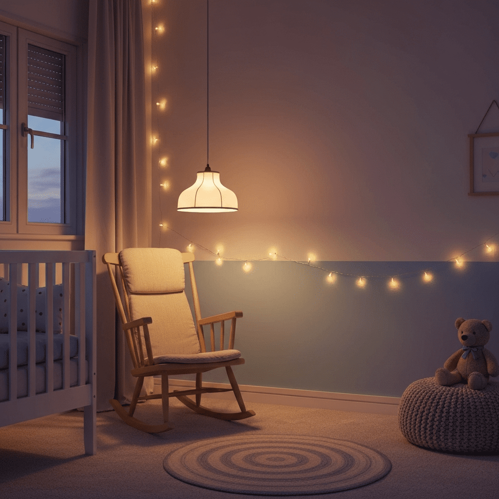 A vintage nursery at dusk with glowing pendant light and twinkly fairy lights.