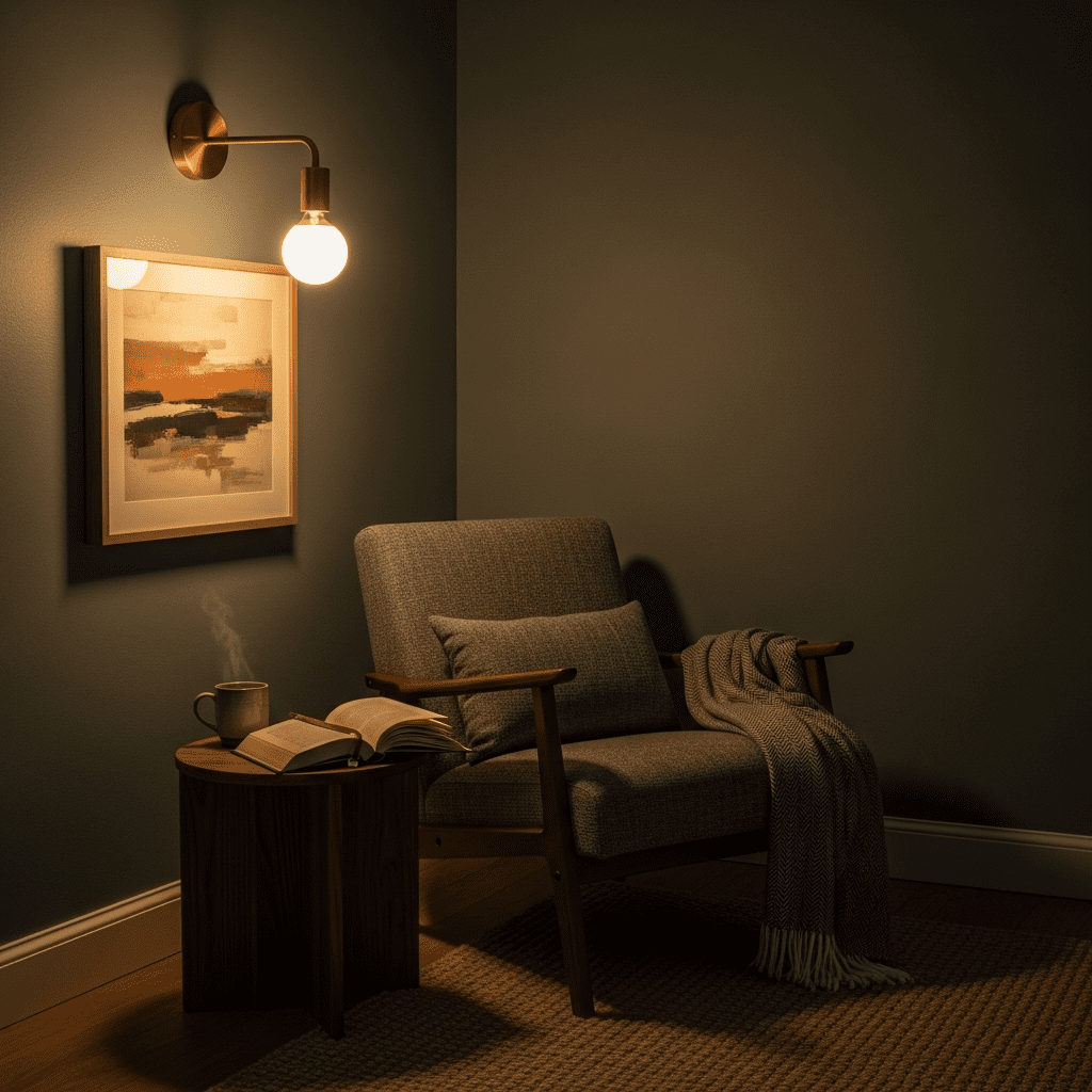 A plug-in wall sconce providing warm, ambient light in a cozy living room reading corner.