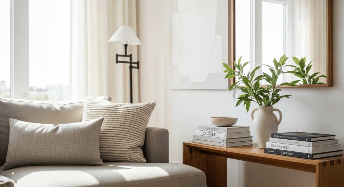 A modern living room with a cozy plush sofa, a large indoor plant, and colorful abstract art on the wall.