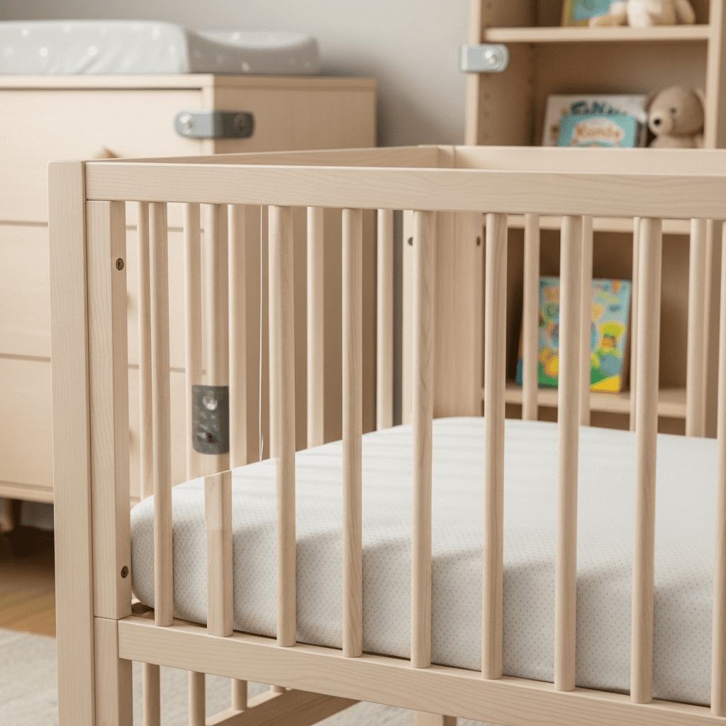 Close-up of a safe, empty modern crib with a firm mattress, showcasing essential nursery safety.