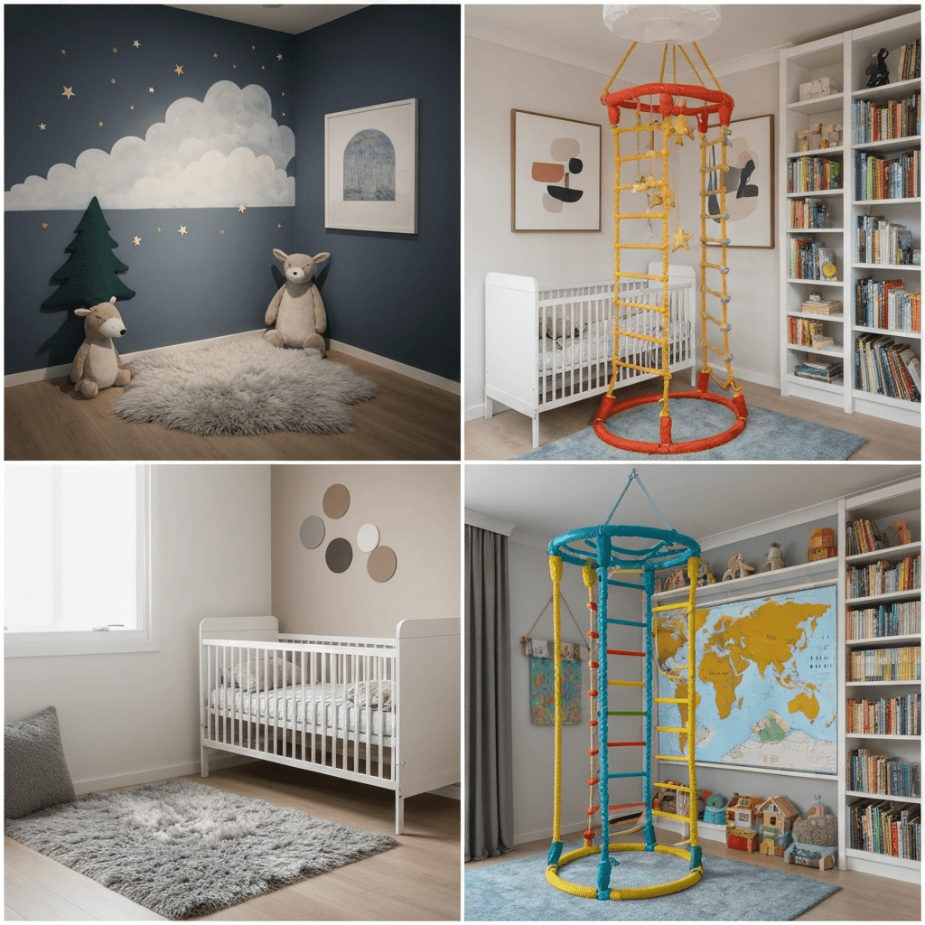 Three nursery theme examples: whimsical clouds, modern minimalist, and adventure-themed with a map.