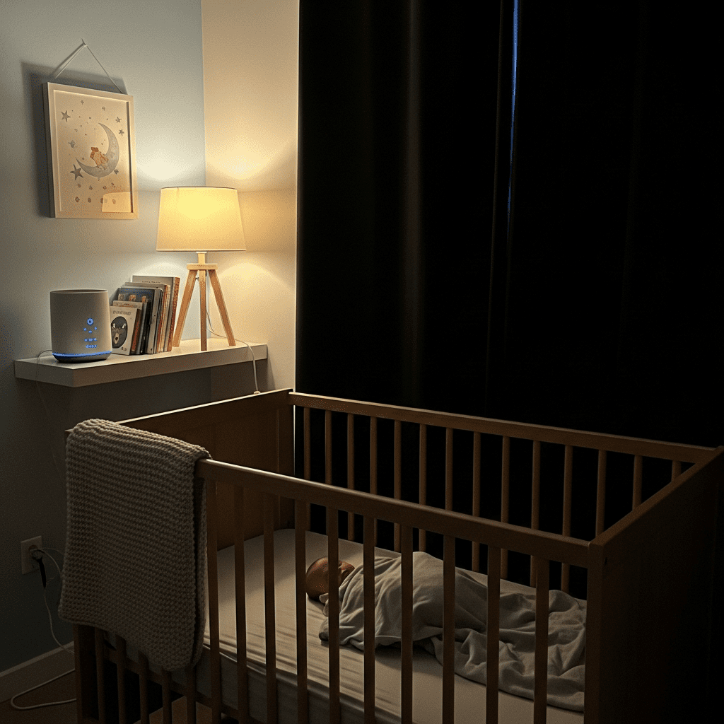 A peaceful, dimly lit nursery sleep zone with blackout curtains and a crib, perfect for naps and nighttime.