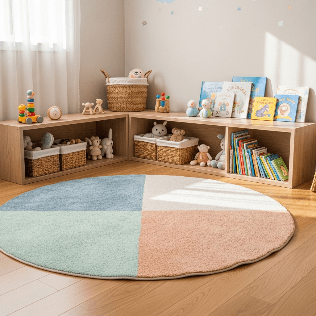 An organized nursery play area with low open shelves, toy baskets, a soft rug, and clear floor space.