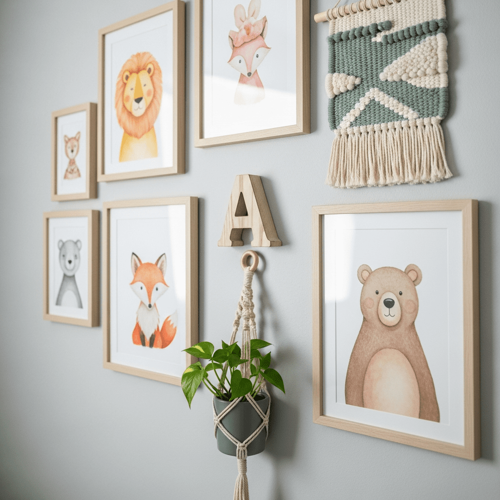 Close-up of a personalized nursery gallery wall with mixed frames, textures, and decor.