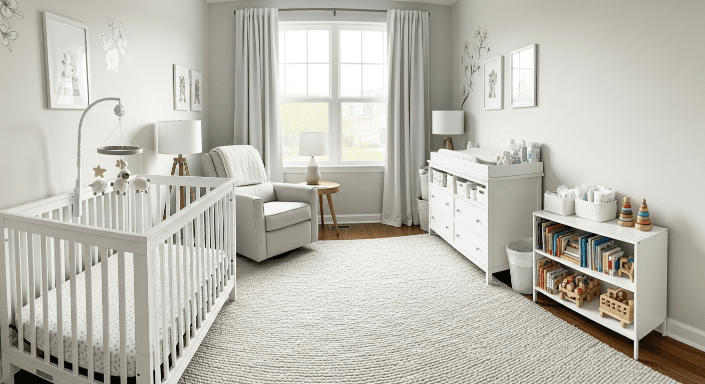 A serene and beautifully organized neutral-toned baby nursery with a crib, glider, and changing station, filled with natural light.
