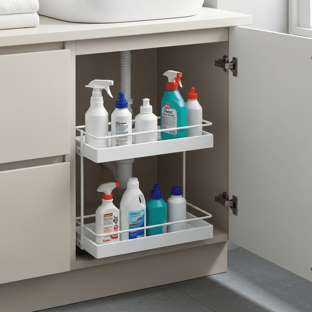A tiered shelf organizer under a bathroom sink maximizing storage space.