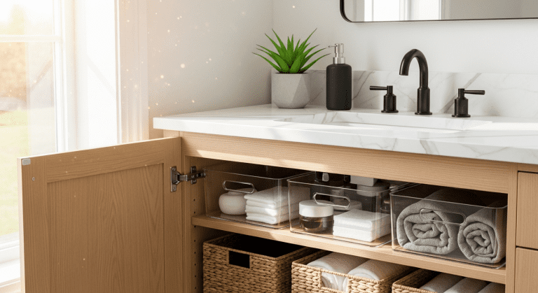 A perfectly organized bathroom vanity with open cabinet showing clear bins and baskets under the sink.