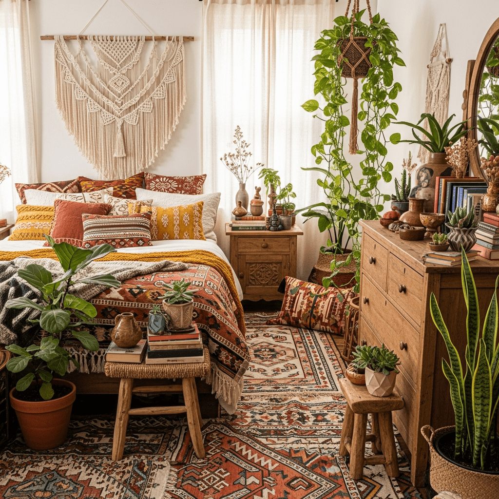 A cozy boho bedroom with a layered bed, macramé wall hanging, patterned pillows, hanging plants, and vintage wooden furniture.