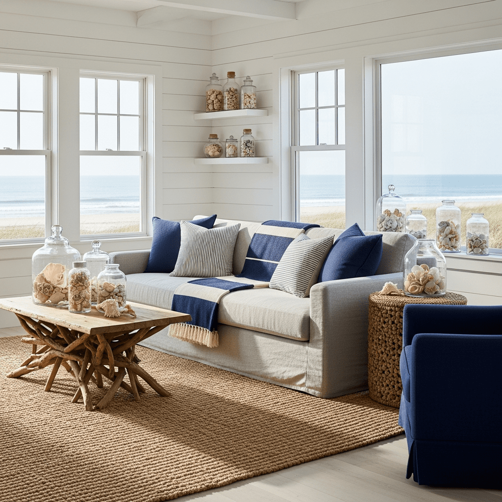 A bright beach house living room with white shiplap walls, a navy and white striped armchair, a woven jute rug, and a view of the ocean through large windows.