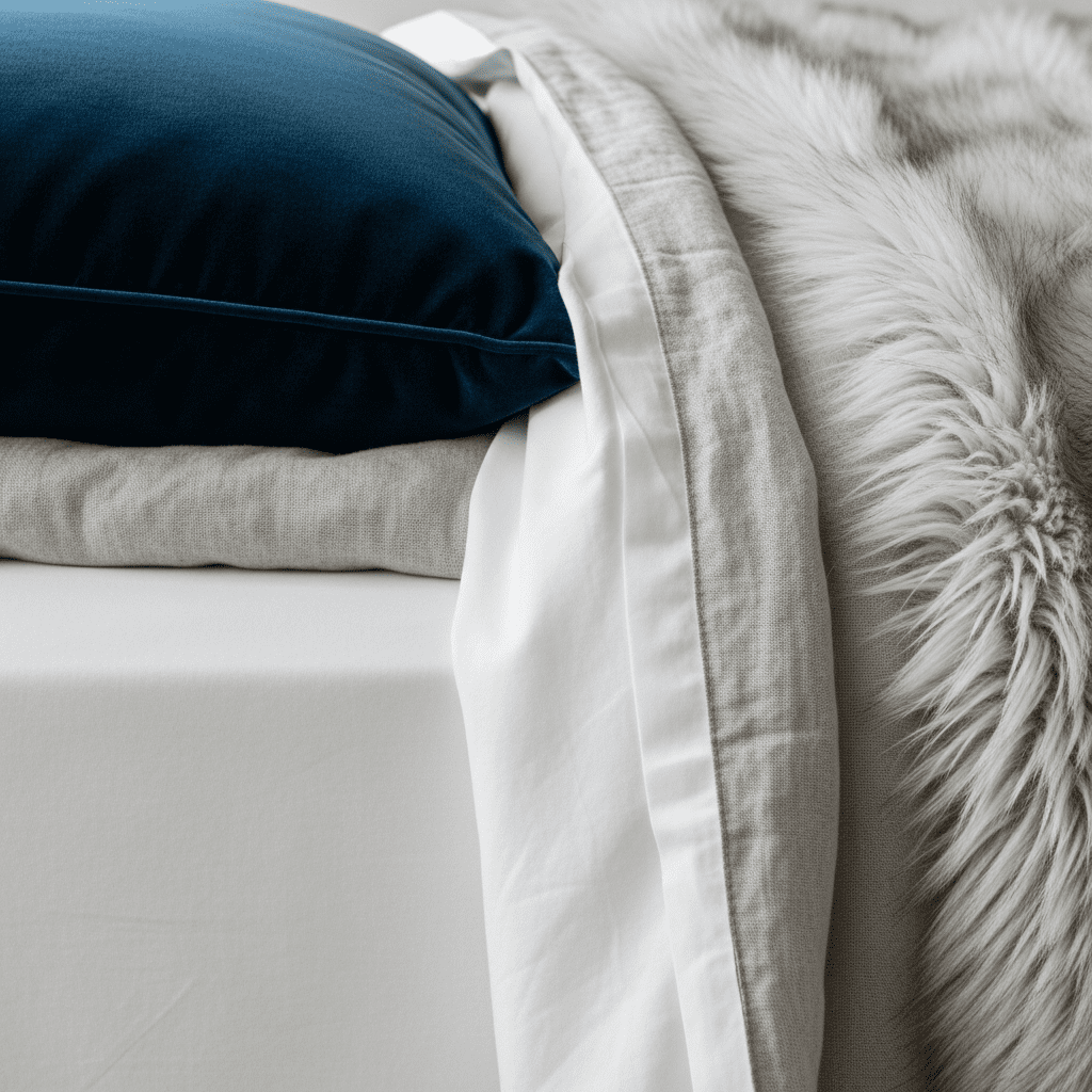 A detailed close-up of a bed showcasing a luxurious mix of textures: linen, velvet, and faux fur.